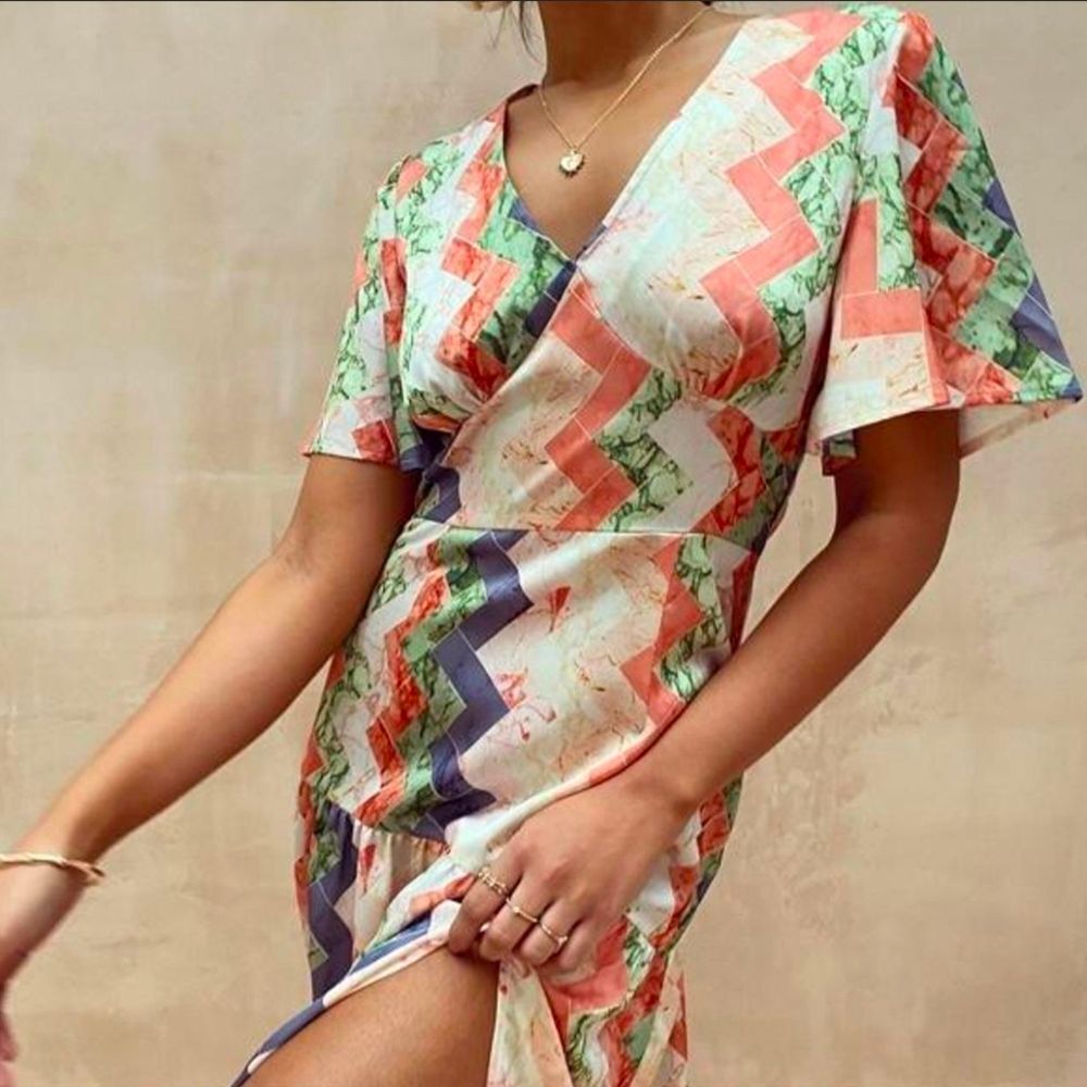 Never Fully Dressed Coral, Green & Navy Zigzag Wrap Dress